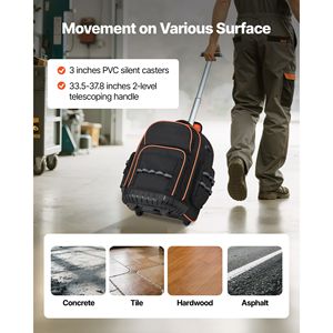 110 Lbs Load Capacity 45 Pockets <b>Rolling</b> <b>Tool</b> Backpack Adjustable Telescoping Handle PU Heavy Duty Roller <b>Tool</b> <b>Bag</b> Zipper - Product Image 3