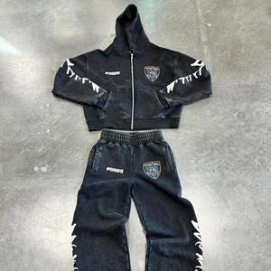 Ensemble de survêtement streetwear vintage délavé à l'acide noir avec fermeture éclair intégrale, pantalon évasé et sweat à capuche pour homme - Product Image 1