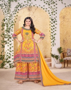 Ensemble Plazo et Dupatta en Soie Tissée 100% Luxe 2026, Coupe Ample au Genou, Lavable, Manches Courtes, Col Rond, Brodé, Été - Product Image 1