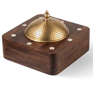 Quemador de incienso de madera hecho a mano con borde de flor de nácar y cubierta de latón Jali, soporte para carbón, Oudh Mabkhara, decoración del hogar - Product Image 3