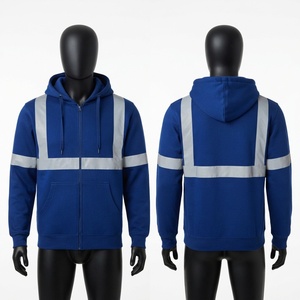 Sweat à capuche de travail en molleton de coton 320 GSM de qualité supérieure, bleu, avec bande réfléchissante de sécurité, broderie de logo personnalisée, fermeture éclair sur le devant, vêtements de travail - Product Image 1