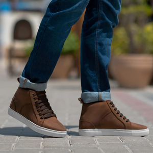 Wholesale High <b>Top</b> Pull-Up Brown Genuine Leather Men's Sneakers Stylish Casual Fashion with round Feature High Quality OEM Brand - Product Image 4