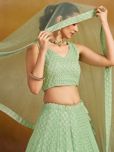 Pista Green Embroidered Georgette Lehenga Choli with Dupatta Wedding <b>Dress</b> Festive Indian Outfit - Product Image 5