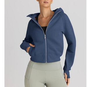 Sweat-shirt à capuche zippé pour femme, couleur unie, manches longues, tricoté, respirant, pour l'automne, coupe courte, coupe classique - Product Image 1