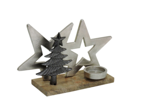 Artesign - Fondo Plateado con Estrella, Árbol de Navidad Metálico Oscuro y Portavelas sobre Base de Madera, Decoración Moderna y Duradera - Product Image 1