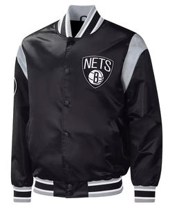 Veste universitaire en satin noir personnalisée pour hommes, broderie de logo blanc, veste bomber, vente en gros, uniforme de baseball, vêtements de sport - Product Image 1