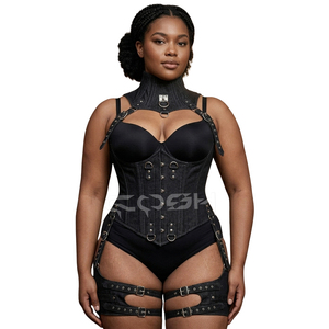 Corset sous-poitrine en denim noir de haute qualité, personnalisé, nouvelle arrivée, avec harnais pour le cou et les jambes - Product Image 1