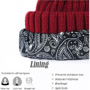 Bonnet d'hiver personnalisé avec logo, doublure en satin, bonnet côtelé en tricot avec pompon en fausse fourrure de renard, imprimé bandana, doublure en soie, bonnet de ski chaud - Product Image 2