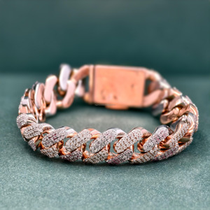 RB Gems Pulsera de Plata de Ley con Baño de Oro Rosa, 14K, 12mm, con Diamantes VVS de Corte Corazón Engastados en Bisel, 2 Filas, Estilo Cubano Iced, Romántica, Certificación GIA Fina - Product Image 1