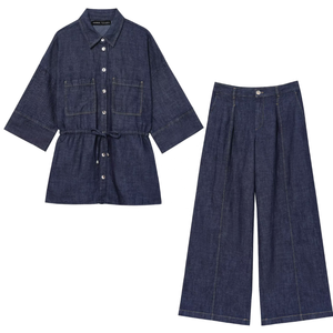 Conjunto de dos piezas de mezclilla para mujer, camisa de manga tres cuartos con bolsillos y pantalones de pierna ancha, estilo casual, holgado, para primavera/verano, color liso. - Product Image 1