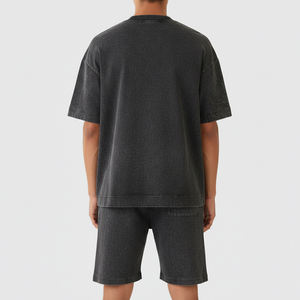 High Quality Custom made 100% Cotton Acid Washed Two Piece Set Breathable Hip Hop Style Lightweight Drop Shoulder Shirt & <b>Shorts</b> - Product Image 3