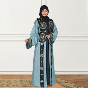 Abaya Modesta de Lino Bordado con Frente Abierto, Diseño Sólido, Largo hasta el Suelo, Talla Grande, Antiarrugas, Elegante para Mujer - Product Image 2