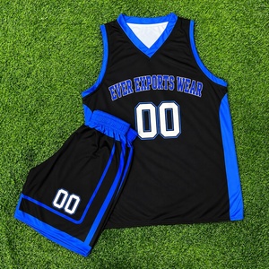 Ensemble d'uniformes de basketball sur mesure sans manches à col en V, maillot et short en mesh respirant, noir et bleu - Product Image 2