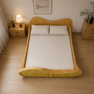Minimalist wooden <b>bed</b> Wave-style detail <b>bed</b> Large modern <b>bed</b> frame Bedroom furniture set Natural wood bedroom - Product Image 5