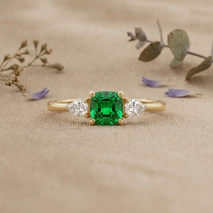 14K 18K Gold <b>Emerald</b> Green Cushion Cut Engagement <b>Ring</b> Pear Side Stone Promise <b>Ring</b> for Women - Product Image 1