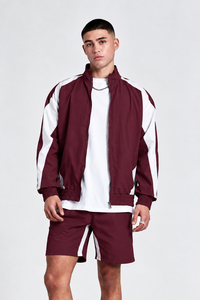 Wholesale Men's <b>Burgundy</b> Windbreaker Jacket And <b>Shorts</b> Set Custom Sportswear Tracksuit With White Panel Casual Lightweight Set - Product Image 3