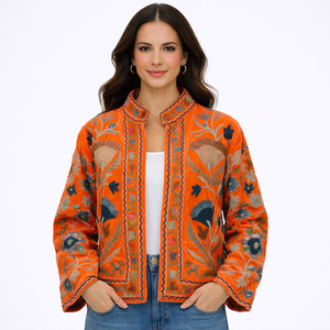 Floral Embroidered Knitted Velvet Cotton Bomber <b>Jacket</b> <b>Mandarin</b> <b>Collar</b> Full Sleeve Eco-Friendly Spring Boho Chic Style Letter - Product Image 1