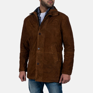 Men's Brown Suede Hooded Safari <b>Jacket</b> <b>Long</b> Casual Windproof Outerwear with Button Closure and Polyester Lining - Product Image 3