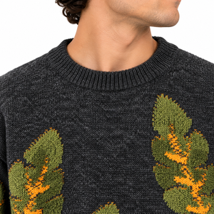 Pull en tricot à motif de feuilles avec jacquard botanique vert olive et jaune moutarde, col rond - Product Image 5
