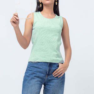 Camiseta de Tirantes Tejida para Mujer, Color Verde Menta Sólido, Cuello Redondo, Informal, Transpirable, 100% Algodón, Largo Regular - Product Image 5