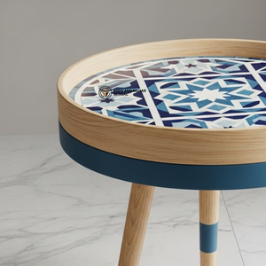 Blue Geometric Pattern Wooden <b>Stool</b> Handcrafted Round Decorative Accent <b>Stool</b> <b>with</b> Natural Wood Leg - Product Image 2