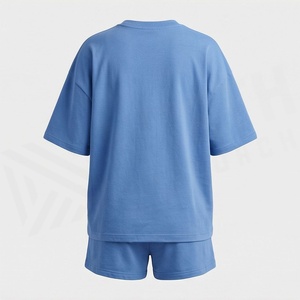 Ensemble décontracté 2 pièces pour femme : T-shirt et short en maille bleue à imprimé abstrait, col rond, coupe ample, idéal printemps-été - Product Image 2