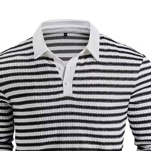 Polo de Manga Larga para Hombre, Camiseta de Punto a Rayas, Cuello con Botones, Estilo Casual, Negro y Blanco - Product Image 6