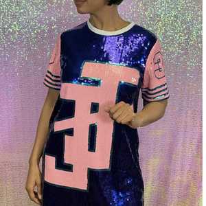 Jack and Jill Sequin Jersey Dress Adult Sparkly Short Sleeve <b>Glitter</b> Party Outfit Pink <b>Blue</b> Color block Fashion Tunic Top - Product Image 5