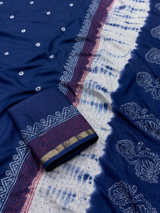 Sari de Algodón Azul Índigo, Sari Tradicional Indio con Estampado Bandhani, Prenda Étnica para Mujer, Sari Shibori Tie Dye con Borlas - Product Image 6