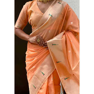 ผ้าซิ่นอินเดียแบบดั้งเดิมสุดหรูหรา ผ้าออร์แกนซ่าพีชลายปาธานี ปักดิ้นทอง สำหรับผู้หญิง - Product Image 4