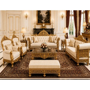 Premium Gold Leaf Finished 8 Seater Sofa Set with Intricate Floral Carving Hot Selling Living Room Furniture Classic <b>Seating</b> Set - Product Image 1