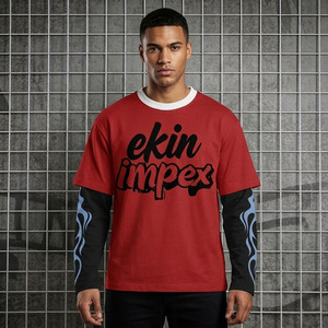 Mens Y2K Vintage Oversized Patchwork <b>Flame</b> Sleeve T-<b>Shirt</b> Custom Logo Cotton Contrast Collar 2 Piece Long Sleeve - Product Image 3