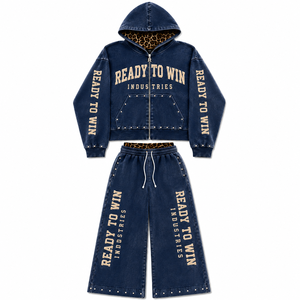 ชุดเซ็ตฮู้ดดี้เดนิมพร้อมกางเกงจ็อกเกอร์ แบรนด์ Ready To Win Industries แขนยาว ซิปหน้า สไตล์ลำลอง ชุดวอร์ม ยูนิเซ็กส์ สำหรับผู้ใหญ่ ใส่ได้ในฤดูใบไม้ร่วง ทรงหลวม - Product Image 1
