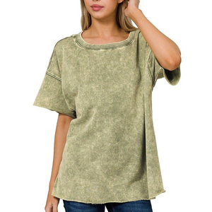 Womens Oversized T Shirt Green Acid Wash Loose Fit Short Sleeve Cotton Casual Streetwear Fashion <b>Top</b> - Product Image 5