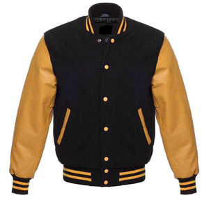 Veste de baseball Varsity en laine noire avec manches en cuir véritable doré pour hommes, style Napoléon, vente en gros - Product Image 1