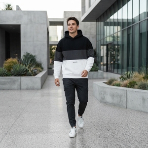 <b>Mens</b> Black <b>Grey</b> Color Block Hoodie Fleece <b>Sweatshirt</b> Custom Logo Streetwear Casual Oversized Pullover - Product Image 5