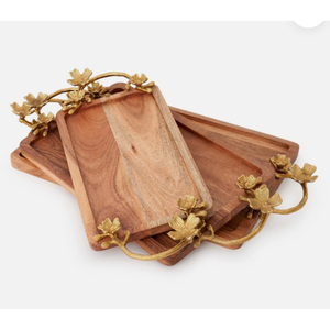 Best Selling Home Kitchenware <b>Tray</b> Vintage Design Solid Natural Wood Serving <b>Tray</b> With Floral Metal Handles Food Serving <b>Tray</b> - Product Image 3