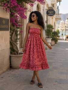 Wholesale Women's Red Floral Hand Drawn Print Strapless Sundress Smocked Tube Casual Summer Midi <b>Dress</b> 100% Cotton Anti-Wrinkle - Product Image 1