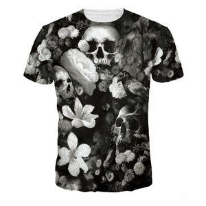 Women's Casual Color Blocking Gothic <b>Skulls</b> Flowers Printed Raglan Sleeve Three Quarter O-Neck T-Shirt Slim Fit 100% Cotton - Product Image 2
