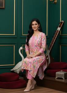 Conjunto de Kurta y Pantalón Recto de Algodón Rosa Estampado, Cuello Redondo, Largo hasta la Pantorrilla, Traje Étnico de Uso Diario para Mujer, Tallas S M L XL XXL - Product Image 4