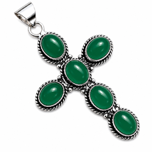Pendentif croix artisanal en laiton et onyx vert avec sertissage clos, plaqué argent antique, bijou vintage en pierre de guérison - Product Image 1