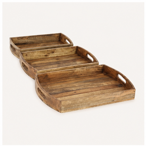 Juego de 3 bandejas de servir apilables de madera de mango rústica hechas a mano, ecológicas, rectangulares, con asas recortadas. - Product Image 1
