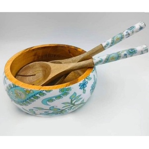 Bol à salade en bois émaillé à motif floral, écologique, avec cuillère et fourchette, ensemble d'ustensiles de cuisine durables - Product Image 5