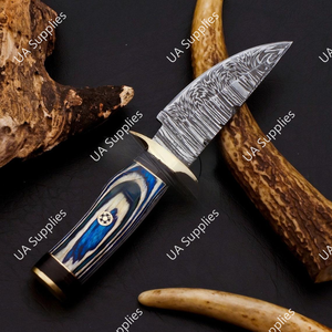 Razor Sharp Damascus Steel Fixed Drop Point EDC Knife Blue Pakka Wood Handle Brass Guard Premium OEM/ODM Skinner Camping Knife - Product Image 4