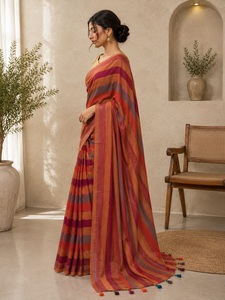 Sari Tradicional Indio de Algodón para Mujer, Largo Regular, a Rayas, para Bodas, Color Naranja, Rojo y Morado, Estilo Étnico Bollywood - Product Image 2