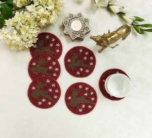 Handmade Bohemian Round Christmas Table Mats Red Beaded Reindeer Design Eco-Friendly Fabric <b>Coasters</b> <b>Set</b> <b>of</b> <b>6</b> Holiday <b>Placemats</b> - Product Image 1