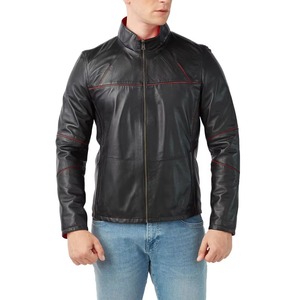 Blouson moto en cuir véritable noir pour homme, col montant, fermeture éclair, coupe ajustée, longueur standard, vêtement d'extérieur pour l'automne - Product Image 1