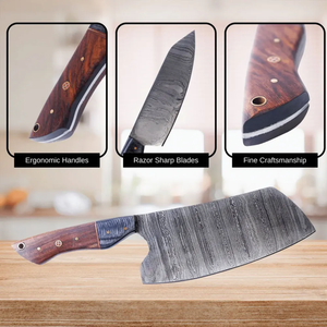 Damascus Steel <b>Knife</b> <b>Set</b> 5-Piece Wooden Handle Handmade <b>Sharp</b> Chef <b>Knives</b> 8-9.9in Ambidextrous Straight Edge - Product Image 3