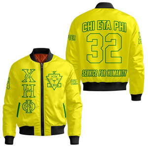 เสื้อแจ็คเก็ตบอมเบอร์สีเหลืองสำหรับผู้ชาย ยี่ห้อ Chi Eta Phi พิมพ์ลายตัวอักษรสีเขียว 32 Service For Humanity ซิปด้านหน้า สไตล์ลำลอง - Product Image 1