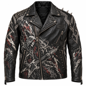 Custom Men Real Leather Biker Jacket Heavy Metal Punk Spiked <b>Studded</b> Gothic Skeleton Graphic Grim Reaper Painted Outerwear Coat - Product Image 1